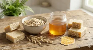 A detailed flat lay photograph on a weathered wood surface, featuring raw, rolled oats in a ceramic bowl, golden honey in a glass jar, and artisanal pieces of honey oatmeal soap with visible oat flakes, emphasizing natural ingredients.