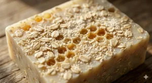 An extreme close-up photograph capturing the detailed surface of an artisan honey oatmeal soap bar, showing the rugged texture of coarse ground oats embedded within the soap matrix for gentle exfoliation.