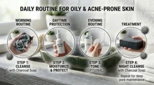 A daily skincare routine guide for oily and acne-prone skin, showing four steps: morning cleanse with charcoal soap, daytime protection, optional toner, and night cleanse for deep pore maintenance.