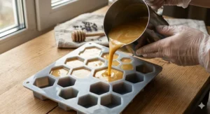Liquid milk and honey soap mixture being poured into a silicone honeycomb-shaped mold.