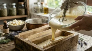 Freshly mixed tallow soap being poured into a rectangular wooden loaf mold.