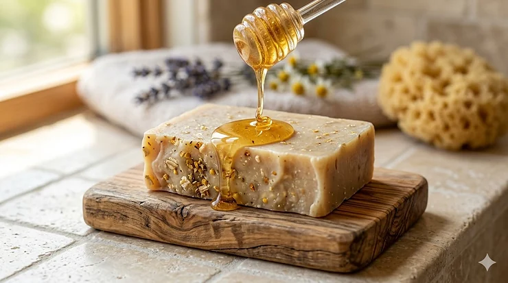 A bar of handmade raw honey soap drizzled with fresh honey on a wooden soap dish, highlighting its natural texture for acne-prone skin. raw honey soap for acne