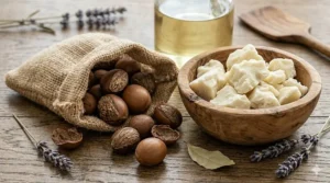 Raw unrefined shea butter chunks used as the primary ingredient for 100 percent shea butter soap.