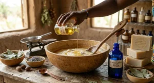 Adding lavender and eucalyptus essential oils to a batch of handmade Ghana shea butter soap.