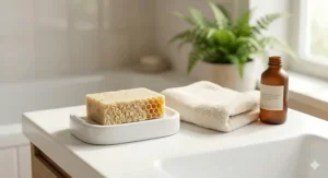 A minimalist visual capturing a single honey oatmeal soap bar on a white ceramic dish, placed on a clean vanity countertop next to a soft folded washcloth, suggesting a gentle sensitive skin cleansing routine in a natural bathroom.