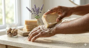 Illustration showing the deep hydration benefits of Ghana shea butter soap on dry skin.