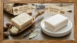 Comparison chart showing the higher fat content and skin-conditioning properties of 100 percent shea butter soap versus standard bars.