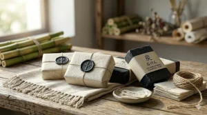 A photorealistic 4K illustration of handcrafted Japanese bamboo charcoal soap bars presented in plastic-free, artisanal washi paper packaging with a wax seal.