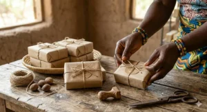Plastic-free paper wrapping for eco-friendly and organic Ghana shea butter soap.