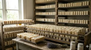 Rows of artisanal tallow soap bars drying on a rack during the six-week curing process.