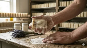 Close-up of rich, creamy lather produced by a bar of old fashioned tallow soap on hands.