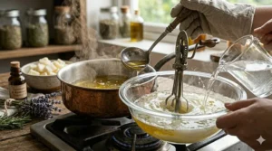 Blending lye and fats to create a creamy old fashioned tallow soap batter.