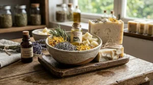 Raw grass-fed beef tallow and essential oils used for making old fashioned tallow soap.