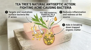 Graphic highlighting the antibacterial properties of tea tree oil in handmade soap for calming inflamed skin.