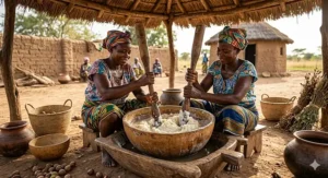 Ghanaian women traditionally extracting oil to create authentic Ghana shea butter soap.