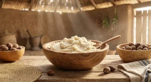 A bowl of ivory-colored unrefined raw shea butter used as a base for natural soap.