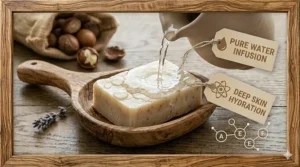 Icon set showing vitamins A, E, and F naturally found in 100 percent shea butter soap bars.