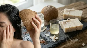 Visual representation of antioxidants in coconut soap protecting skin from free radicals and fine lines.