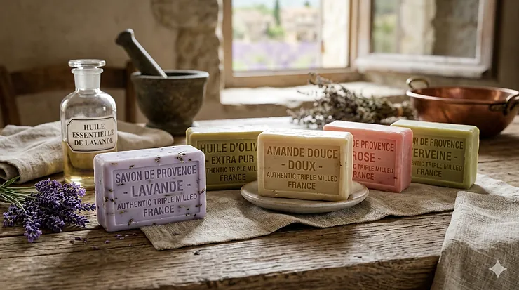 Triple-milled authentic French milled soap bars stacked on a rustic wooden tray with lavender sprigs.