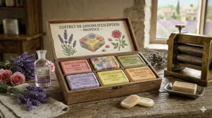 Elegant illustration of a luxury bath setup featuring a curated gift box of authentic French milled soap.