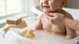 A close-up of a baby's neck and chin being gently supported during bath time in milky oatmeal water.