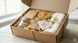 An elegantly curated natural cardboard gift box containing artisanal oatmeal honey soaps, raw colloidal oatmeal, golden honey, and natural bath accessories for a baby shower gift set.