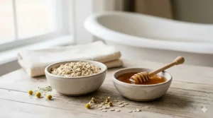 Raw colloidal oats and golden honey arranged in rustic bowls, the natural ingredients for gentle baby soap.
