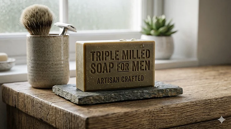 A premium bar of long-lasting triple milled soap for men resting on a rustic slate dish in a modern bathroom.