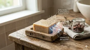 An illustrated breakdown of cocoa butter soap ingredients showing vitamin E and fatty acids that help fade stretch marks.