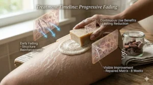 An illustrated timeline showing the gradual fading of stretch marks over weeks of consistent cocoa butter soap use.