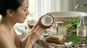 Illustration of coconut oil soap being used for diverse tasks like cleaning makeup brushes or delicate fabrics.