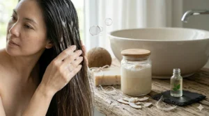 Illustration showing how coconut oil soap easily dissolves waterproof makeup while nourishing the skin.