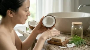 A person using a coconut oil soap bar as a natural shampoo to soothe a dry, itchy scalp.