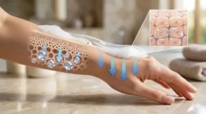 A diagram highlighting how virgin coconut oil soap locks in skin moisture and prevents dryness.
