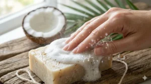 Illustration showing the deep moisturizing effects of coconut oil soap on dry skin layers.