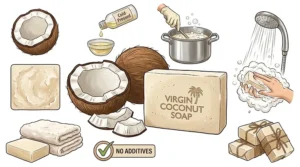 Illustration showing the traditional cold process method of making virgin coconut oil soap to preserve nutrients.