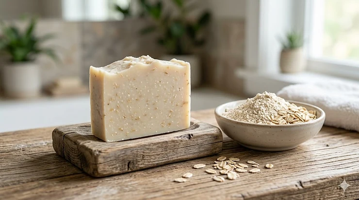 A bar of natural colloidal oatmeal soap resting on a wooden dish next to raw oats, highlighting its use for psoriasis relief. colloidal oatmeal soap for psoriasis
