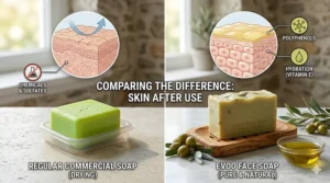 A comparison graphic illustrating the drying effects of commercial chemical soap versus the hydrating properties of pure EVOO soap for face care.