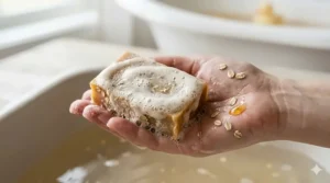 A bar of oatmeal honey soap in a hand, generating a thick, creamy, skin-softening lather with visible oat particles.