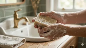 Thick, creamy lather from an oatmeal shea bar soap being used on hands.