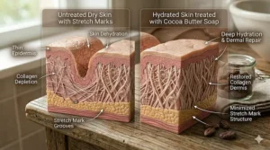 Illustration comparing dry skin to skin deeply moisturized by cocoa butter soap to prevent new stretch marks from forming.