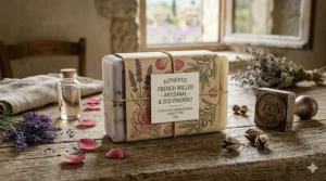 Flat lay illustration of plastic-free, biodegradable paper wrapping for an authentic French milled soap bar.