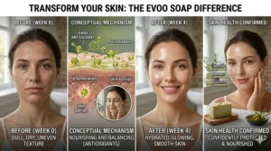 A conceptual illustration showing dull, dry skin transforming into glowing, hydrated skin after using EVOO soap for face cleansing regularly.