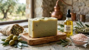 An illustration detailing the natural ingredients in EVOO soap for face care, highlighting extra virgin olive oil, water, and essential oils.