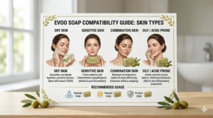 A compatibility chart showing how gentle EVOO soap for face routines benefits dry, sensitive, and acne-prone skin types.