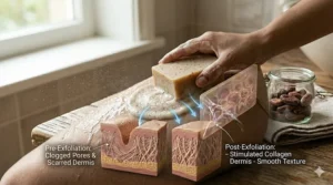 Illustration of a rich, creamy lather from a cocoa butter soap bar working gently on sensitive skin with stretch marks.