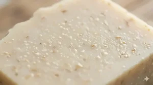Macro shot of the textured surface of a colloidal oatmeal bar designed for gentle exfoliation of psoriasis scales.