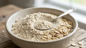 Close-up of finely ground organic colloidal oatmeal used as a key ingredient in psoriasis soap.