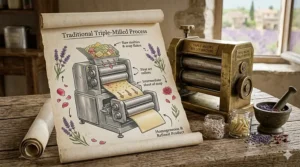 Illustration showing the traditional triple-milling process of authentic French soap using heavy stainless steel rollers.