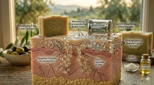 A close-up illustration of a woman washing her face with a soft lather of olive oil soap to reduce the appearance of fine lines.